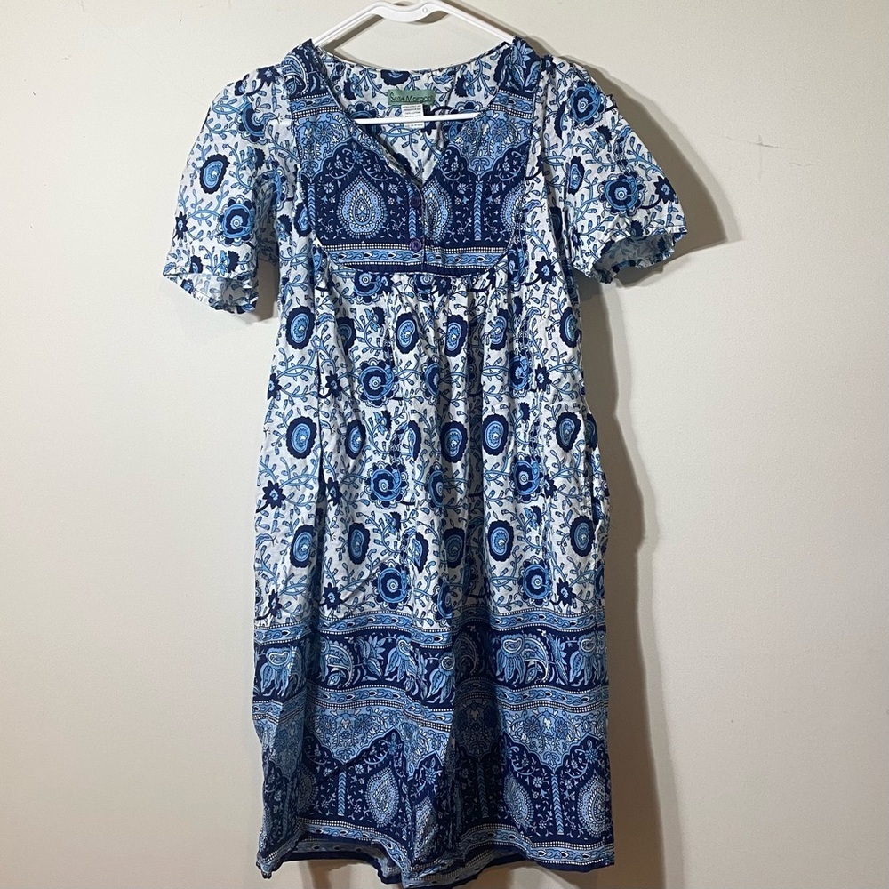 Sara Morgan Size L Midi Cotton Blue and White Patterned Dress